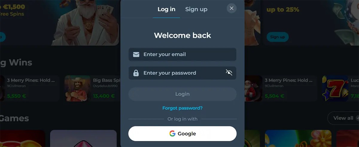 Online casino login window with email and password fields, login button, forgot password link, and Google sign-in option.