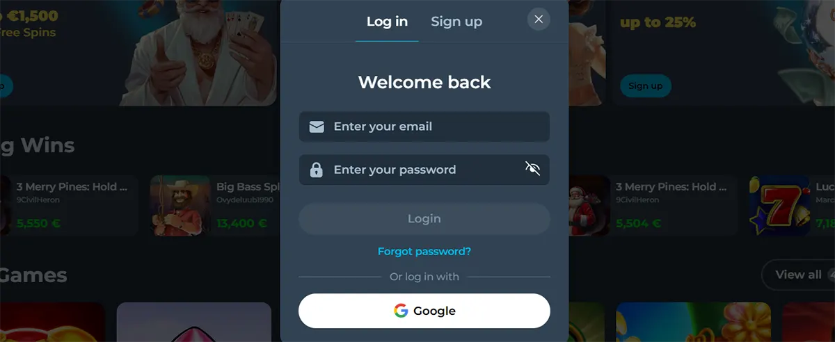 Online casino login window with email and password fields, login button, forgot password link, and Google sign-in option.