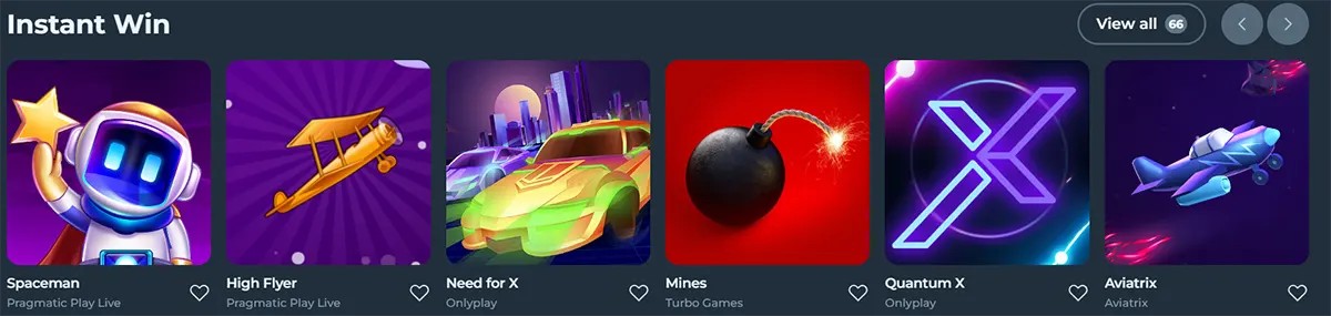 Instant Win games including Spaceman, High Flyer, Need for X, Mines, Quantum X and Aviatrix.
