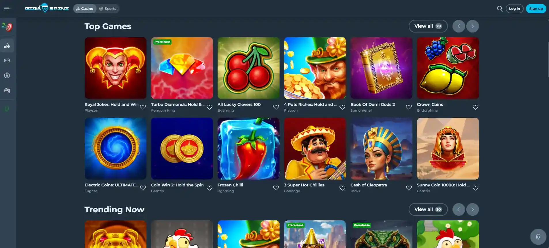Top games section at GigaSpinz Casino with a selection of popular online slots.